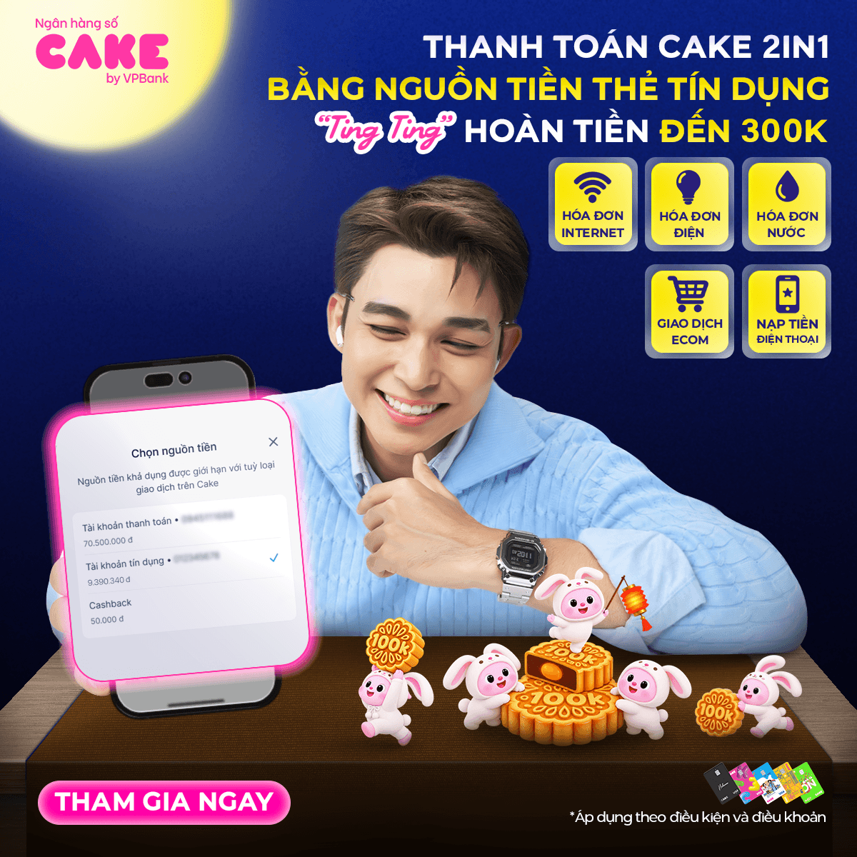 Thanh toán Cake 2in1 bằng nguồn tiền thẻ tín dụng - Ting ting hoàn tiền đến 300K