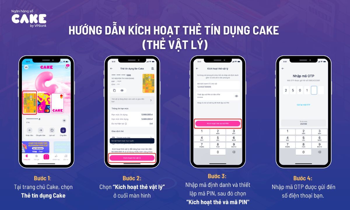 Các bạn có thể tham khảo các bước kích hoạt thẻ tín dụng vật lý Cake Freedom tại ứng dụng Cake by VPBank 