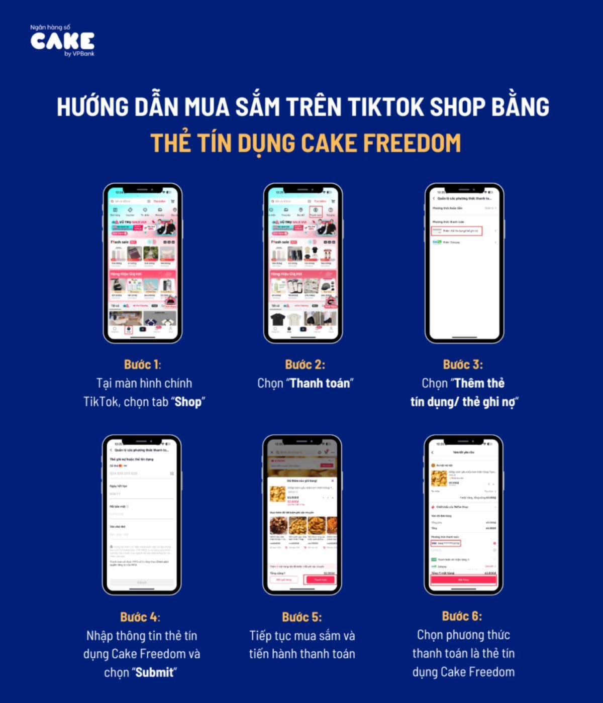 Cách sử dụng thẻ tín dụng Cake Freedom để thanh toán mua sắm trên Tiktok Shop 