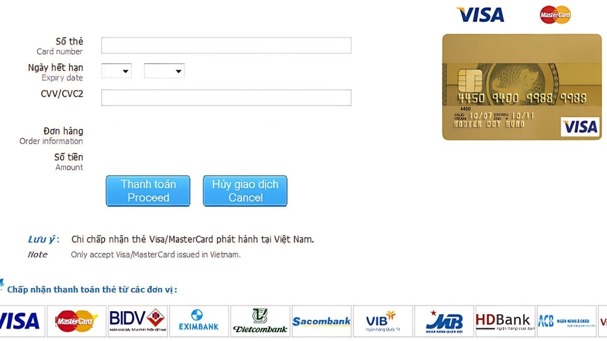 Bạn cần nhập số thẻ tín dụng, ngày hết hạn và mã CVV để tiến hành thanh toán online