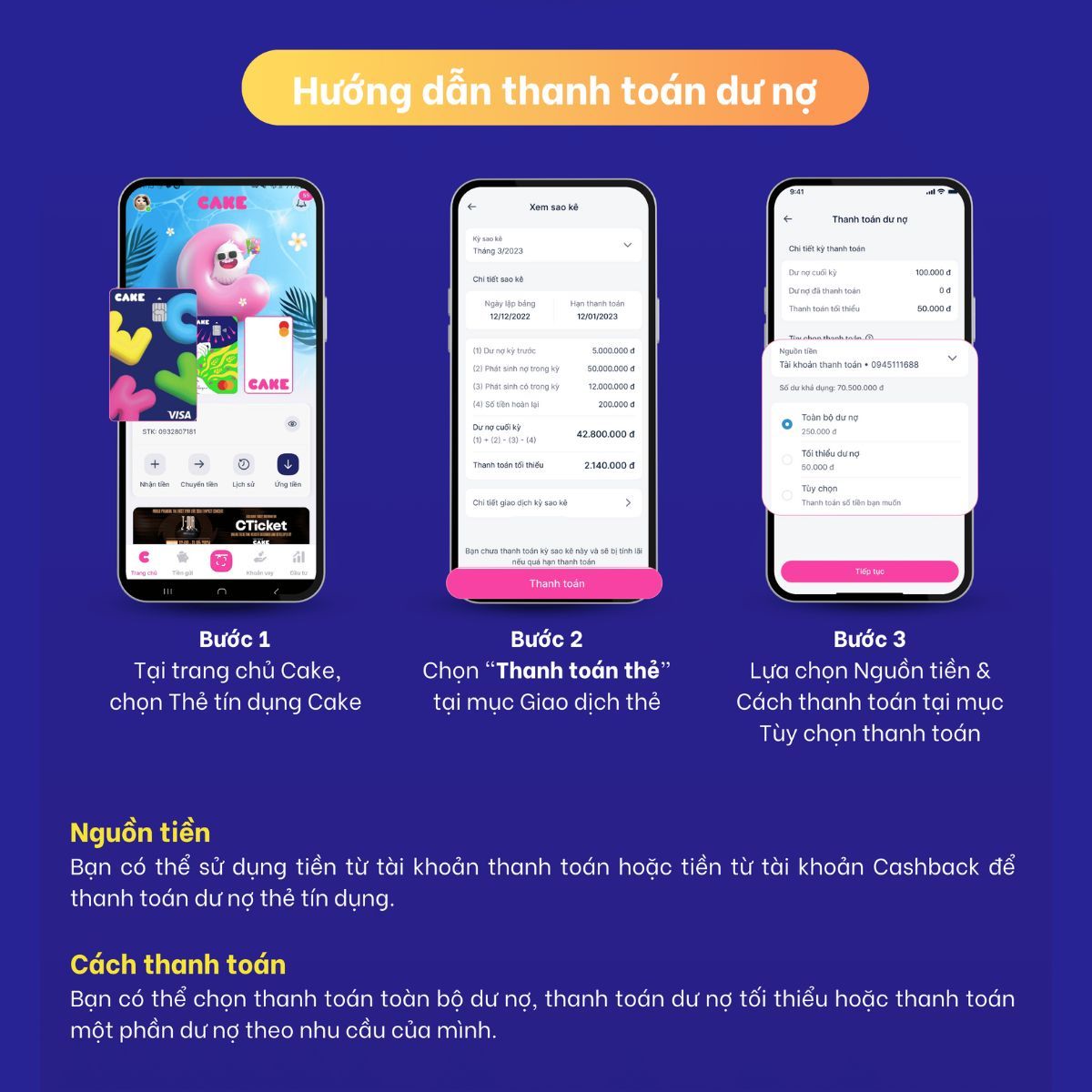 Hướng dẫn thanh toán sao kê thẻ tín dụng được phát hành bởi Cake by VPBank đơn giản, nhanh chóng