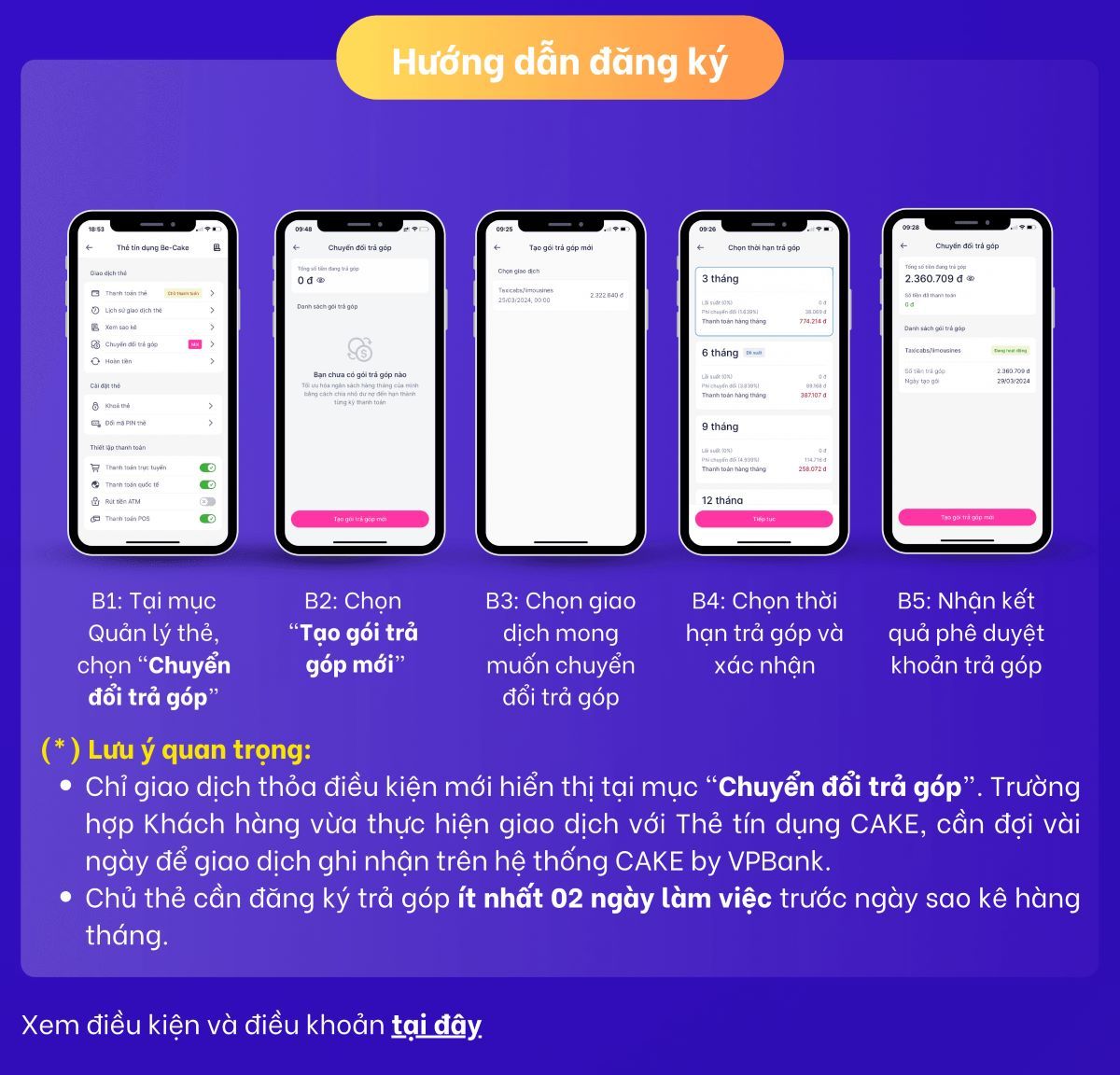 Hướng dẫn chuyển đổi trả góp thẻ tín dụng trên app Cake by VPBank