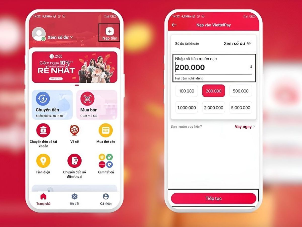 Viettel Money hỗ trợ nạp tiền điện thoại và thường có các ưu đãi cho các thuê bao cùng nhà mạng Viettel